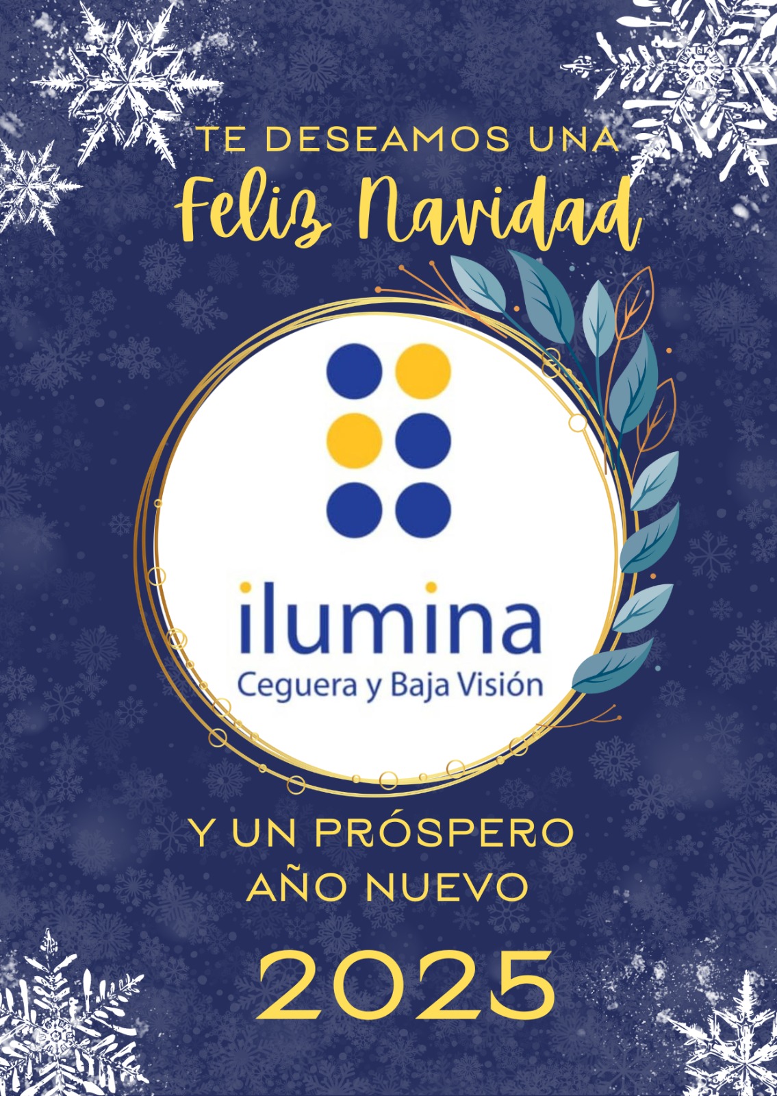 Tarjeta navideña con el logo de ilumina deseando felices fiestas 